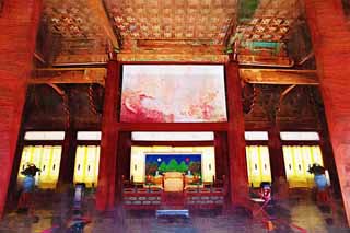 illust, matire, libre, paysage, image, le tableau, crayon de la couleur, colorie, en tirant,La chaise d'un Empereur de Kyng-bokkung, btiment en bois, patrimoine de l'humanit, Roi, coussin