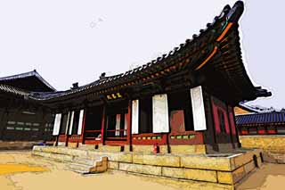 illustration,material,free,landscape,picture,painting,color pencil,crayon,drawing,Ten thousand spring of Kyng-bokkung, wooden building, world heritage, Confucianism, Manchunjeon