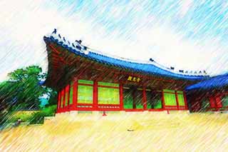 illustration,material,free,landscape,picture,painting,color pencil,crayon,drawing,Gangnyeongjeonof Kyng-bokkung, wooden building, world heritage, Confucianism, Many parcels style