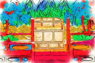Illust, materieel, vrij, landschap, schilderstuk, schilderstuk, kleuren potlood, crayon, werkje,Een stoel van Keizer van Kyng-bokkung, Van hout gebouw, Wereld heritage, Koning, Kussen