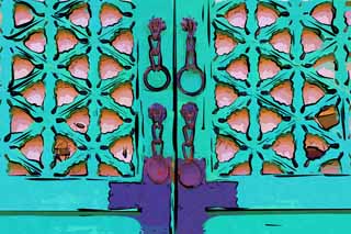 illust, materiale, libero panorama, ritratto dipinto, matita di colore disegna a pastello, disegnando,Una porta di Kunjongjon, porta,  fatto di legno, Verde bluastro, scultura