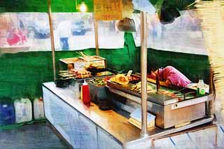 illustration,material,free,landscape,picture,painting,color pencil,crayon,drawing,A stand of the food, Oden, weiner, gyoza, Jijimi