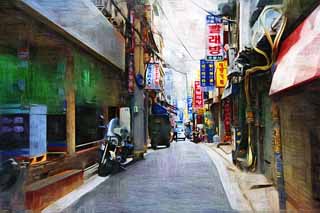 illust, materiale, libero panorama, ritratto dipinto, matita di colore disegna a pastello, disegnando,Un modo di Seoul, Un filo elettrico, motocicletta, triciclo, Un vicolo