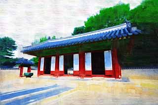 illustration,material,free,landscape,picture,painting,color pencil,crayon,drawing,The comfort room of the ancestral mausoleum of the Imperial Family, Jongmyo Shrine, Religious service, Saiku, meal served at a temple room