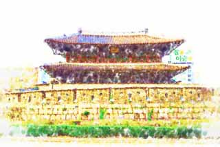 illust, materiale, libero panorama, ritratto dipinto, matita di colore disegna a pastello, disegnando,Dongdaemun, Jongnoarea, Heunginjimun, Mercato di cancello di Universit di Tokio, Dongdaemun-sijang