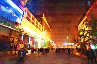 illustration,material,free,landscape,picture,painting,color pencil,crayon,drawing,Wangfujing Street in the evening, Neon, Chinese, Traffic, Roadside tree