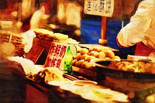 illust, materiale, libero panorama, ritratto dipinto, matita di colore disegna a pastello, disegnando,Yasushi Azuma Gate Street bancarelle, Stalle, Cibo, Cultura di cibo, Commercianti