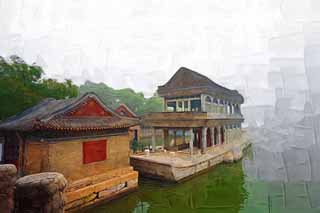 Illust, materieel, vrij, landschap, schilderstuk, schilderstuk, kleuren potlood, crayon, werkje,Summer Palace van de Qing Yan Fang, Schip, Regaal, Gebouw water, 