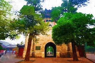 Illust, materieel, vrij, landschap, schilderstuk, schilderstuk, kleuren potlood, crayon, werkje,Summer Palace lodges, Guan Yu, , Kasteel, Keizer Guan Pavilion