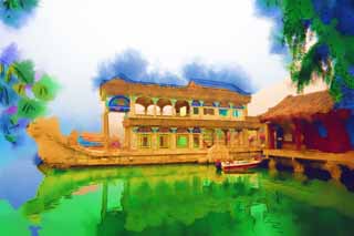 illustration,material,free,landscape,picture,painting,color pencil,crayon,drawing,Summer Palace of the Qing Yan Fang, Ship, Regal, Building water, 