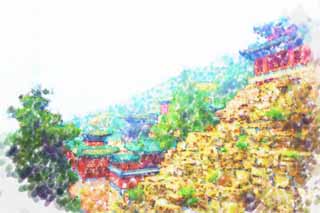 illustration,material,free,landscape,picture,painting,color pencil,crayon,drawing,Summer Palace Architecture, Boundae Pavilion, Ishigaki, Mountain, Slope