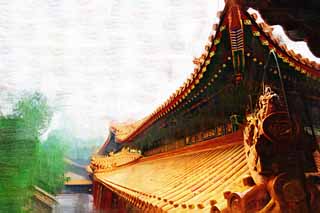 illustration,material,free,landscape,picture,painting,color pencil,crayon,drawing,Summer Palace cloud of exhaust buttocks, Roof, Tile, Architecture, World Heritage