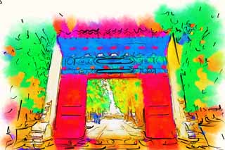 illust, materiale, libero panorama, ritratto dipinto, matita di colore disegna a pastello, disegnando,Ling-hyun cancello costante stelle, Blu, Cancello, Attrazioni turistiche, Eredit di Mondo