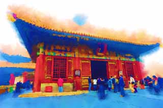 illustration,material,free,landscape,picture,painting,color pencil,crayon,drawing,Forbidden City buttocks, Chiaki, Inaction, Zhu coating, Tourist Attractions