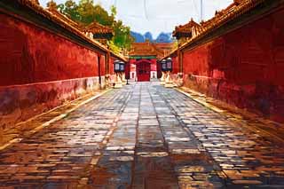 illustration,material,free,landscape,picture,painting,color pencil,crayon,drawing,Forbidden City passage, Zhu coating, Wall, Cobblestone, World Heritage