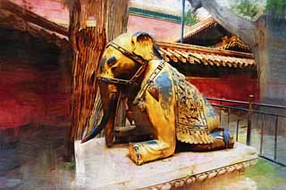 illustration,material,free,landscape,picture,painting,color pencil,crayon,drawing,Miyano image of the late, Elephant, Canine, Gold, World Heritage