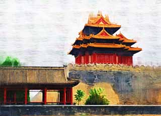 illustration,material,free,landscape,picture,painting,color pencil,crayon,drawing,Building on the corner of the Forbidden City, Zhu coating, Lattice, Palace, Wall