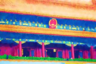 illust, materiale, libero panorama, ritratto dipinto, matita di colore disegna a pastello, disegnando,Tienanmen, Mao Zedong, Dichiarazione fondatore, Emblema nazionale, Imperatore di Yongle