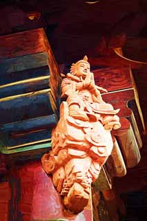 illust, material, livram, paisagem, quadro, pintura, lpis de cor, creiom, puxando,A madeira figura do Grande Templo de Misericrdia e Bondade, Budismo, Deidade guardi, De madeira, Arma
