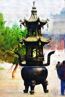 illustration,material,free,landscape,picture,painting,color pencil,crayon,drawing,Censer in Temple of Great Mercy and Goodness, Roof, Three feet, Buddhism, Scent