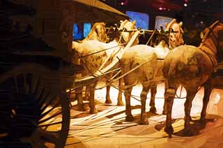 Illust, materieel, vrij, landschap, schilderstuk, schilderstuk, kleuren potlood, crayon, werkje,Brons Chariot en Paarden in Mausoleum van de eerste keizer Qin, Paard-gehoosde smeris, Oeroud volk, Groeve, Wereld Heritage