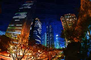 illust, materiale, libero panorama, ritratto dipinto, matita di colore disegna a pastello, disegnando,Shinjuku di notte, A molti piani, Subcenter, Tokio governo metropolitano, Costruendo