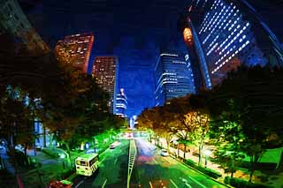 illust, materiale, libero panorama, ritratto dipinto, matita di colore disegna a pastello, disegnando,Shinjuku di notte, A molti piani, Subcenter, Scena serale, Costruendo