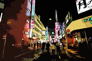 Illust, materieel, vrij, landschap, schilderstuk, schilderstuk, kleuren potlood, crayon, werkje,Shinjuku bij nacht, Starbucks, Steeg, Voorteken, Neon