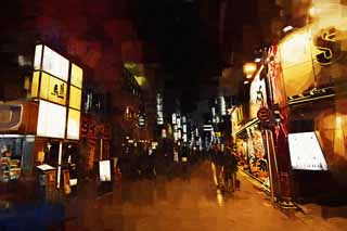 illustration,material,free,landscape,picture,painting,color pencil,crayon,drawing,Shinjuku at night, Pachinko, Alley, Sign, Neon