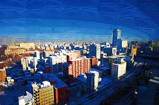 illustration,material,free,landscape,picture,painting,color pencil,crayon,drawing,Sapporo morning, Sapporo, Rail, Morning, Building