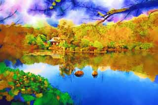illustration,material,free,landscape,picture,painting,color pencil,crayon,drawing,Problem mirror pond, World Heritage, Water surface, Nobleman's Village, Muromachi Shogunate