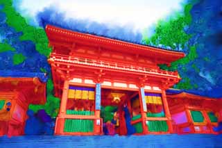 illust, materiale, libero panorama, ritratto dipinto, matita di colore disegna a pastello, disegnando,Tempio di Yasaka due piani cancello, Sacrario, Rivestimento di Zhu, Gion, SUSANOWONOMIKOTO