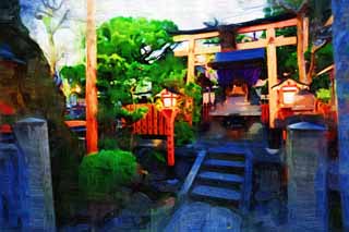 illustration,material,free,landscape,picture,painting,color pencil,crayon,drawing,Tatsumi DAIMYOJIN, Shrine, Raccoon Dog, Entertainment, Gion