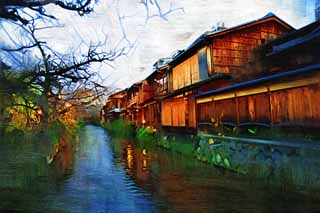 illust, materiale, libero panorama, ritratto dipinto, matita di colore disegna a pastello, disegnando,Shirakawa di Gion, Scena serale, Maiko, Divertimento, Gion