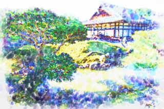 Illust, materieel, vrij, landschap, schilderstuk, schilderstuk, kleuren potlood, crayon, werkje,Kodaiji tempel tuinen, , , Volle maan eenheden, 
