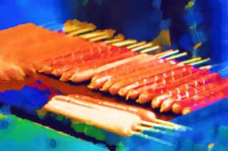 illustration,material,free,landscape,picture,painting,color pencil,crayon,drawing,Sausage stalls, Pork, Delicious, Teppan, Festivities