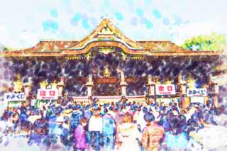 illustration,material,free,landscape,picture,painting,color pencil,crayon,drawing,Kitano Tenman-gu shrine main hall, Momoyama architecture, Mr. TENJIN, Kitano, Plums