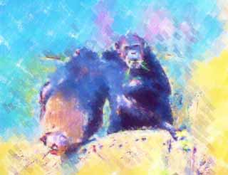 Illust, materieel, vrij, landschap, schilderstuk, schilderstuk, kleuren potlood, crayon, werkje,Chimpansee, Chindonya-panji, Apen, Aap, Grote aap