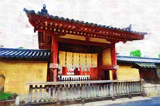 illust, material, livram, paisagem, quadro, pintura, lpis de cor, creiom, puxando,O Templo de Yakushi-ji porto sul, Eu sou pintado em vermelho, O Buda de curar, Monastrio budista, Chaitya