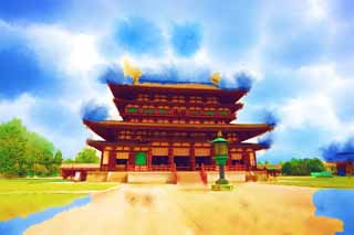 illust, matire, libre, paysage, image, le tableau, crayon de la couleur, colorie, en tirant,Temple Yakushi-ji temple intrieur, Je suis peint en rouge, Le Bouddha de gurir, Monastre bouddhiste, Chaitya