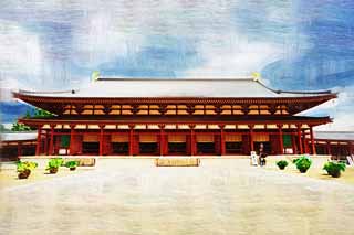 illustration,material,free,landscape,picture,painting,color pencil,crayon,drawing,Yakushi-ji Temple grand hall, I am painted in red, The Buddha of Healing, Buddhist monastery, Chaitya