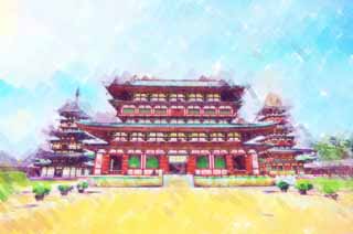 illustration,material,free,landscape,picture,painting,color pencil,crayon,drawing,Yakushi-ji Temple, I am painted in red, The Buddha of Healing, Buddhist monastery, Chaitya