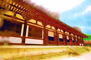 illustration,material,free,landscape,picture,painting,color pencil,crayon,drawing,Toshodai-ji Temple lecture hall, The Imperial Court architecture, wooden building, Buddhist monastery, Chaitya