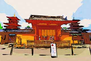 illustration,material,free,landscape,picture,painting,color pencil,crayon,drawing,The Yakushi-ji Temple south gate, I am painted in red, The Buddha of Healing, Buddhist monastery, Chaitya