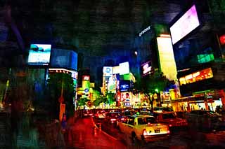 illustration,material,free,landscape,picture,painting,color pencil,crayon,drawing,The night of Shibuya Station, Downtown, taxi, Illumination, Neon