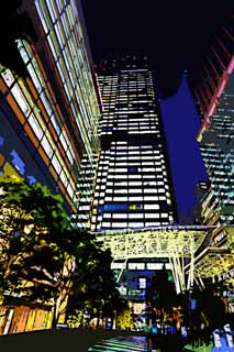 illust, materiale, libero panorama, ritratto dipinto, matita di colore disegna a pastello, disegnando,La notte del midtown di Tokio, Il centro, edificio a molti piani, Vetro, Un palazzo degli uffici