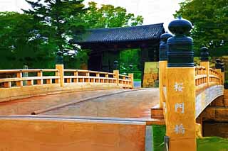 illust, matire, libre, paysage, image, le tableau, crayon de la couleur, colorie, en tirant,Himeji-jo chteau Ote-mon porte, Quatre Chteau des trsors national, Le pont de la porte de l'arbre de la cerise, Shigetaka Kuroda, Hideyoshi Hashiba