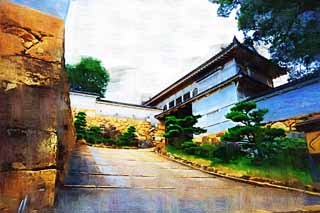 illustration,material,free,landscape,picture,painting,color pencil,crayon,drawing,The gate of Himeji-jo Castle, Four national treasures Castle, castle, Shigetaka Kuroda, Hideyoshi Hashiba