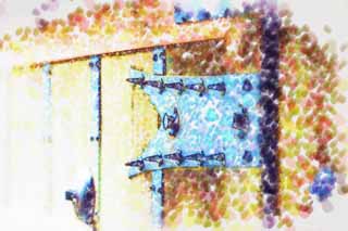 Illust, materieel, vrij, landschap, schilderstuk, schilderstuk, kleuren potlood, crayon, werkje,De decoratie van de Himeji-jo Kasteel poort, Vier nationale schatten Kasteel, Sadanori Akamatsu, Shigetaka Kuroda, Hideyoshi Hashiba