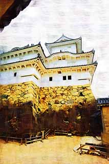 Illust, materieel, vrij, landschap, schilderstuk, schilderstuk, kleuren potlood, crayon, werkje,Himeji-jo Castle Inui klein kasteel toren, Vier nationale schatten Kasteel, Sadanori Akamatsu, Shigetaka Kuroda, Hideyoshi Hashiba